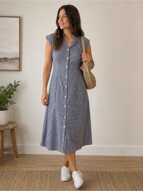 Uniqlo Navy Gingham Button-Front Midi Dress